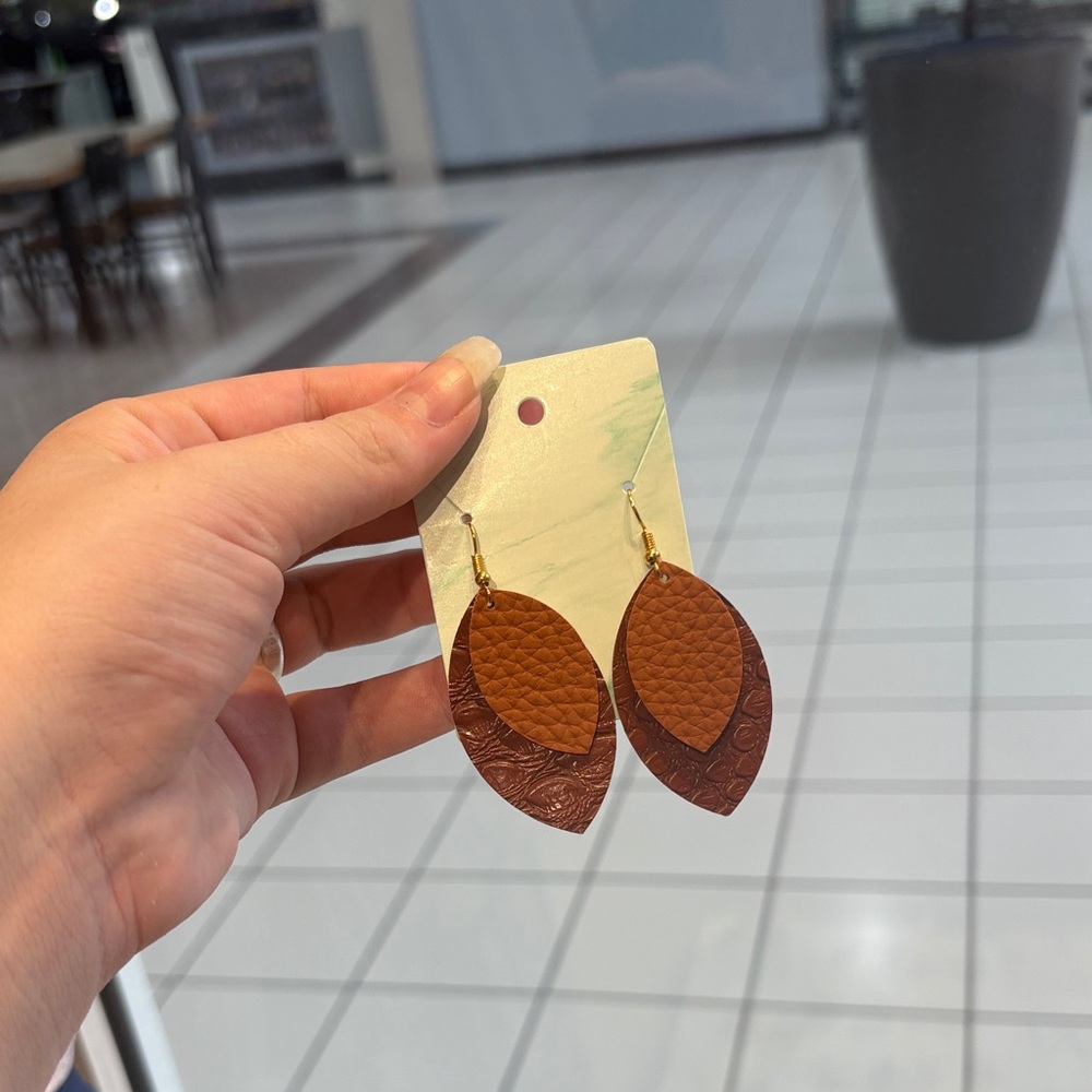 Brown Leather Leaf Earrings